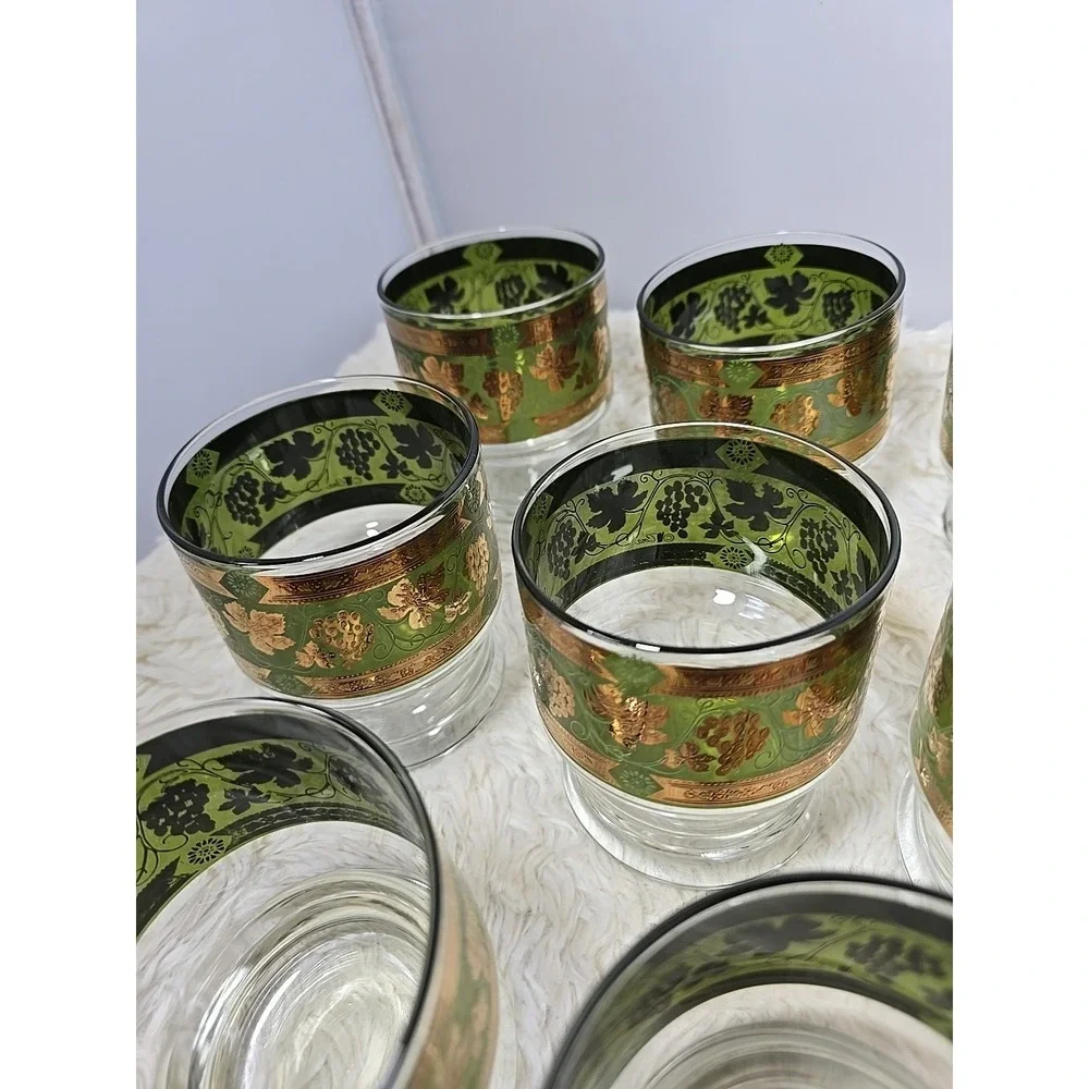 8 Cera Golden‎ Grapes Double Old Fashioned Footed Tumbler Glasses MCM Green Gold